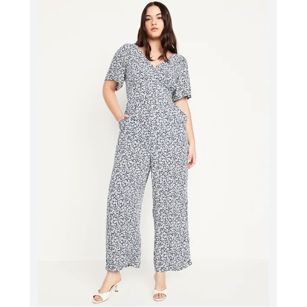 Old Navy Blue Ditsy Floral Puff Sleeve Wide Leg Jumpsuit Pockets Size 3X
